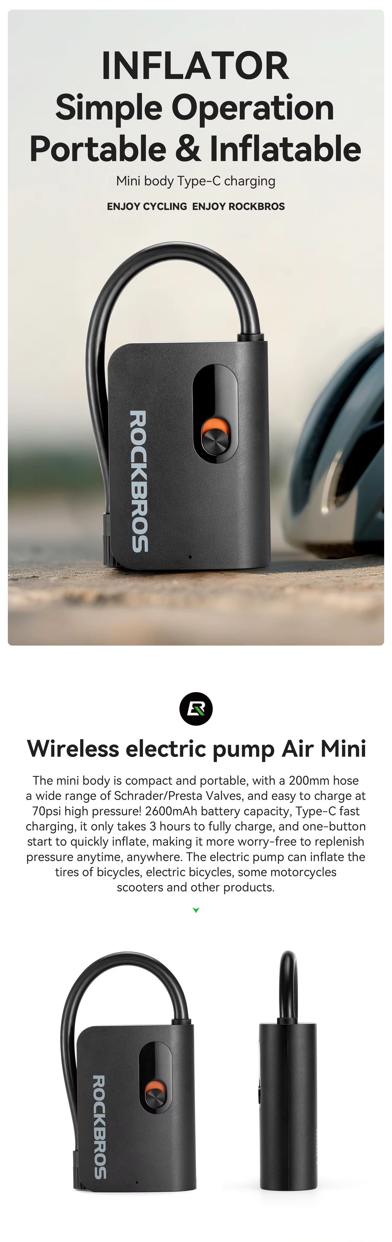 ปั๊มลมไฟฟ้า ROCKBROS Mini Pump แบบพกพา ชาร์จ USB-C ความดันสูง 150 PSI พร้อมหน้าจอดิจิทัล – สำหรับจักรยาน รถยนต์ ลูกบอล