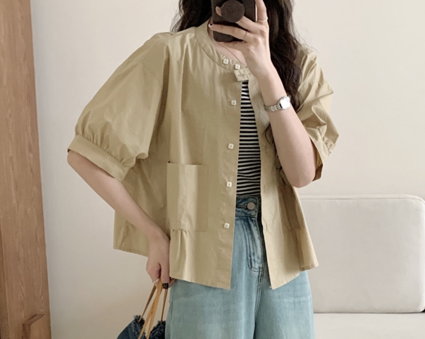 เสื้อ/เสื้อคลุมผ้าฝ้ายแต่งกระเป๋า