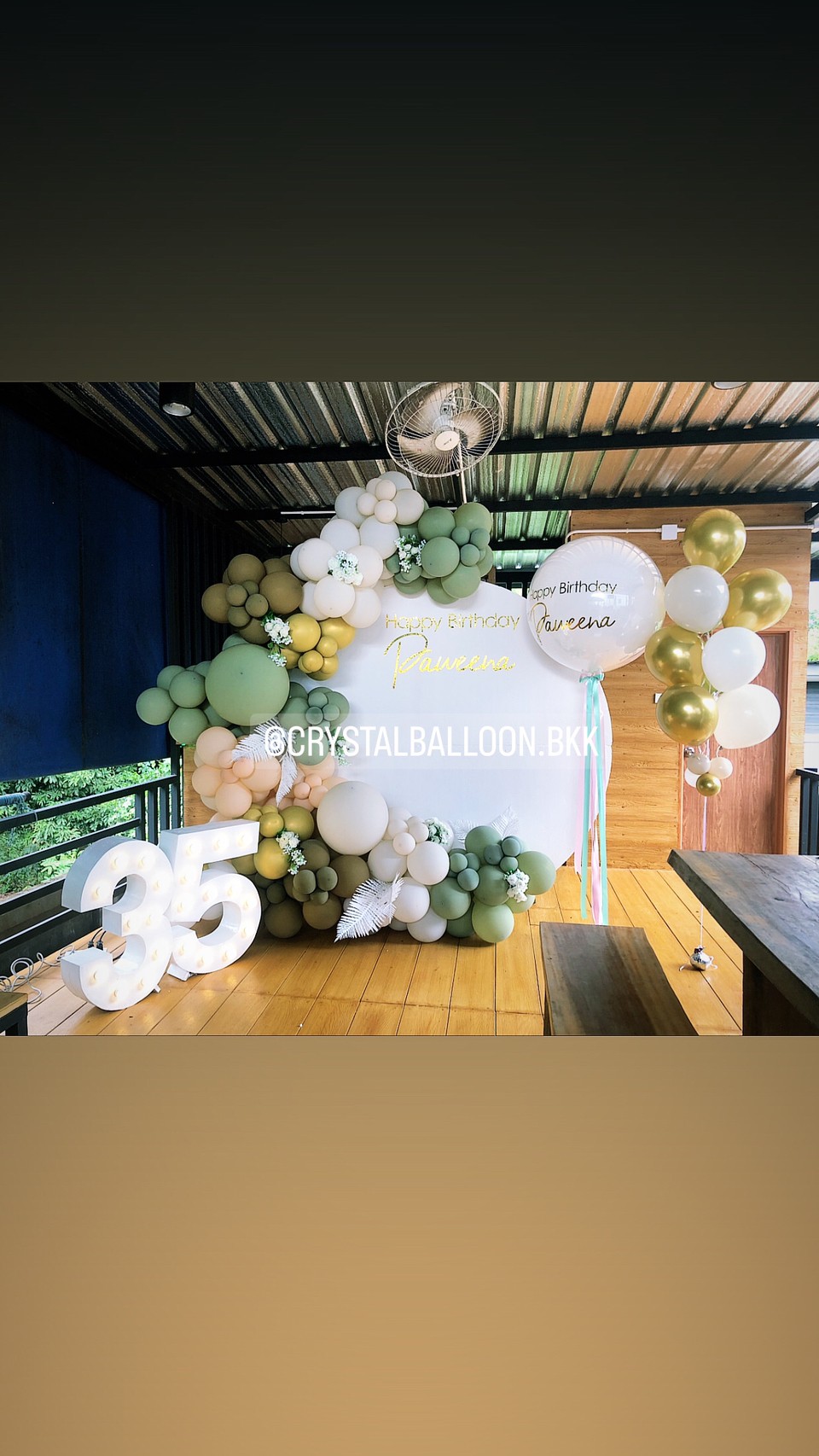 Organic Backdrop วันเกิด ฉากกลม ขนาด 2x2 เมตร Theme เขียว-ทอง พร้อมตกแต่ง (ไม่รวมแท่นไฟตัวเลข) สามารถเปลี่ยนสีลูกโป่ง/เปลี่ยนข้อความ/เปลี่ยนตัวเลขได้