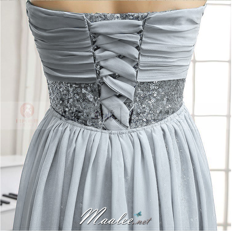 Sale พร้อมส่ง ชุดราตรีสั้น เกาะอก สีเทา เข้ารูปปักเลื่อม อกแต่งผ้าชีฟอง (ไม่มีผ้าคลุม)