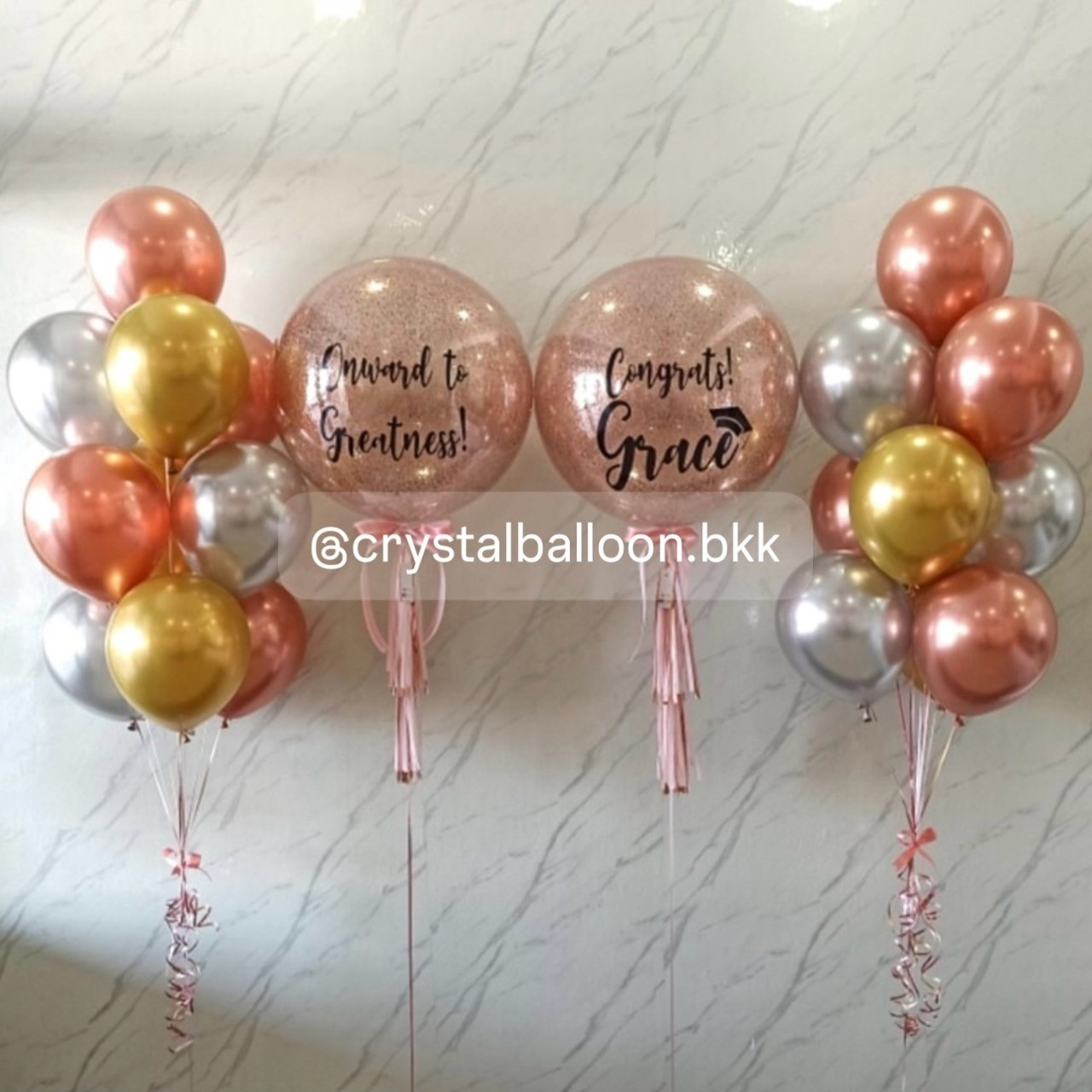 ลูกโป่ง แสดงความยินดี Bubble ขนาด 24" กลิตเตอร์สีโรสโกล 2 ลูก พร้อม ช่อลูกโป่งสีโครเมี่ยม ช่อ 10 ลูก 2 ช่อ พร้อมตกแต่ง สามารถเปลี่ยนสีลูกโป่ง/เปลี่ยนข้อความ/เปลี่ยนขนาดได้