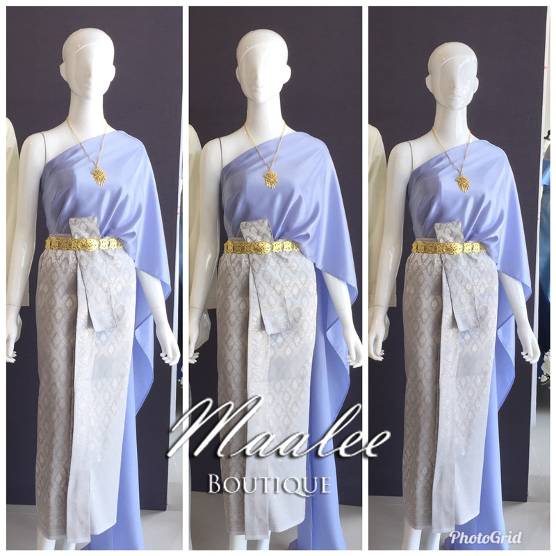 เช่า ชุดไทย ชุดเพื่อนเจ้าสาว ชุดไทยผ้าถุงสีเทาเงิน สไบเรียบ สีฟ้าคราม