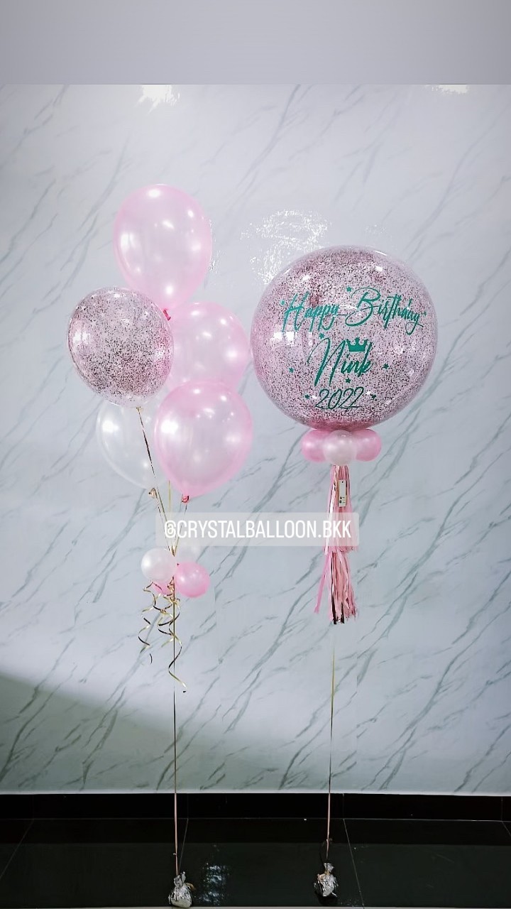 ลูกโป่ง วันเกิด Bubble ขนาด 24" สีชมพู พร้อมตกแต่ง ช่อลูกโป่ง 5 ลูก,ลูกโป่งใส ใส่กลิตเตอร์ สามารถเปลี่ยนสีลูกโป่ง/เปลี่ยนข้อความ/เปลี่ยนขนาดได้
