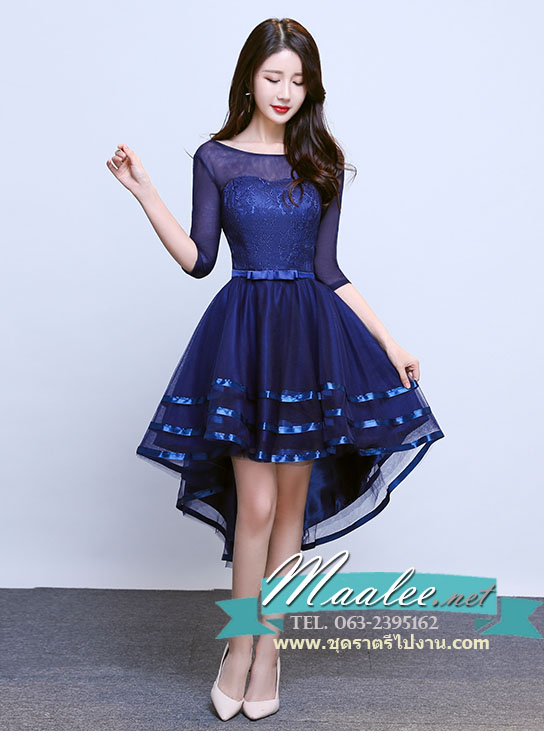 พร้อมเช่า ชุดราตรีแขนกุด หน้าสั้นหลังยาว สีกรมท่า แบบหน้าสั้น/หลังยาว สวยเก๋ กระโปรงตาข่าย (เชือกผูกหลัง)