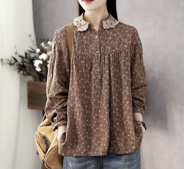 เสื้อผ้าฝ้ายนิ่มลายดอกไม้แต่งปกผ้าลูกไม้