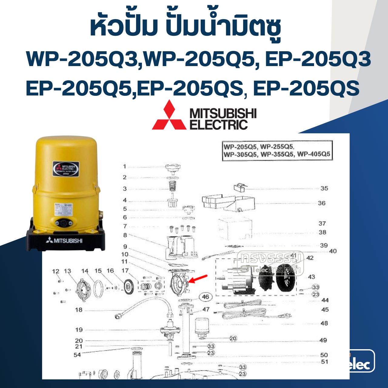 หัวปั้ม ปั้มน้ำ มิตซู WP-205, EP-205 (รหัสท้ายQ3,Q5,QS) Pn.H03605J01 (แท้)##