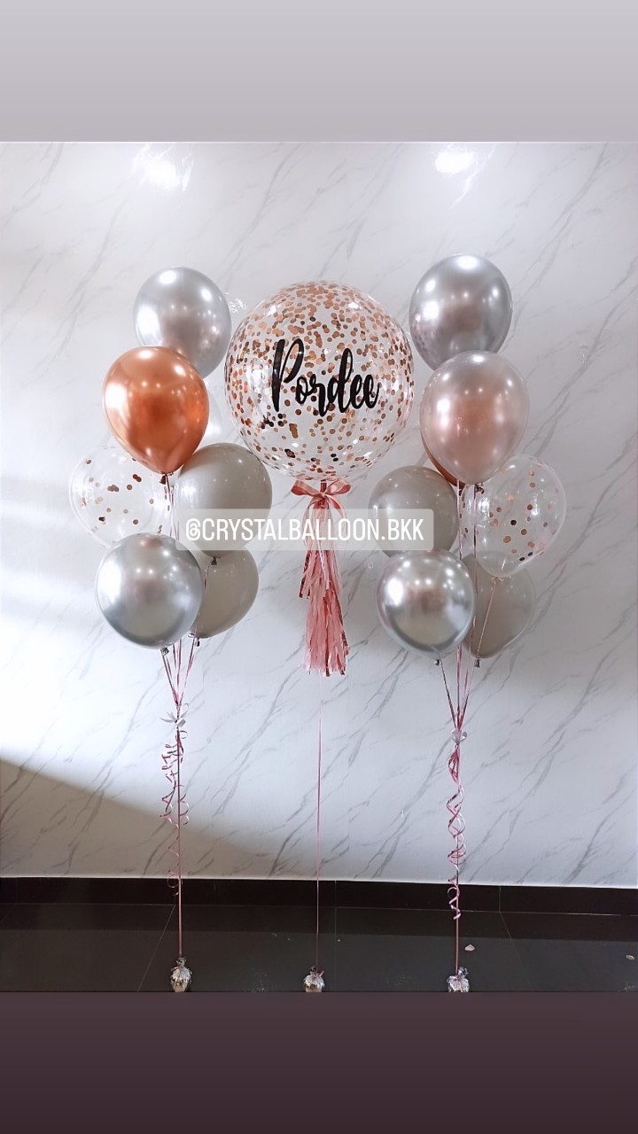 ลูกโป่ง แสดงความยินดี Bubble ขนาด 24" คอนเฟตติสีโรสโกล พร้อมตกแต่ง ช่อลูกโป่ง ช่อ 7 ลูก 2 ช่อ,ลูกโป่งใส ใส่ Confetti สามารถเปลี่ยนสีลูกโป่ง/เปลี่ยนข้อความ/เปลี่ยนขนาดได้