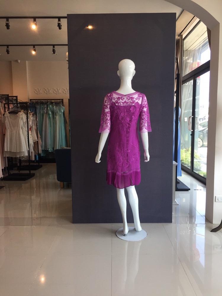 พร้อมส่ง ชุดราตรีสั้น/แขนยาว สี ม่วง ลูกไม้ทั้งชุด กระโปรงอัดพลีท (เหลือเฉพาะไซส์ 2XL)