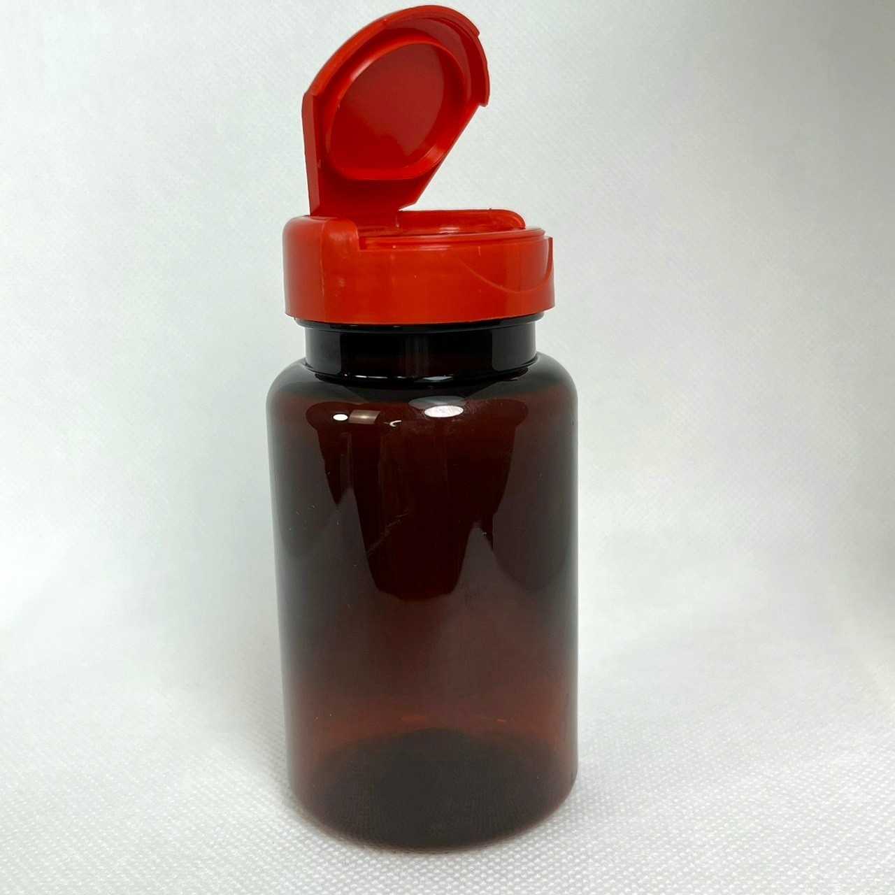 ขวดยาพลาสติก PET ขนาด 100 ml. สีชาเงา ฝาพลาสติกสีแดง แบบเปิด-ปิด กระปุกพลาสติก PET ขนาดบรรจุ 100 มล.