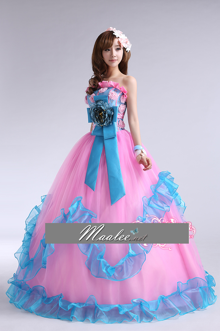 พร้อมเช่า ชุดแฟนซี ชุดราตรี เกาะอก สีชมพู ฟ้า Pastel สุดหวาน แต่งระบายกระโปรง