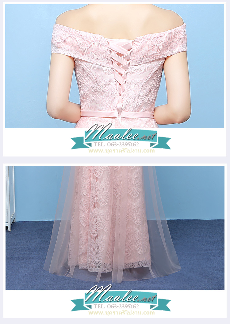 พร้อมเช่า ชุดราตรียาว สำหรับสาวไซส์ใหญ่ แบบปาดไหล่ สีเทา ลูกไม้หรูใส่ออกงานกลางคืน งานพรอม กระโปรงตาข่าย 2XL- 6XL (เชือกผูกหลัง)