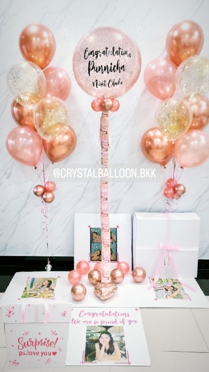 Serprise Box กล่องเซอร์ไพรส์ ดึงเงิน Bubble 24'' Theme โรสโกลด์ พร้อมตกเเต่ง ช่อลูกโป่ง 7 ลูก 2 ช่อ,สามารถใส่รูปได้ 4 ใบ สามารถเปลี่ยนสีลูกโป่ง/เปลี่ยนขัอความได้