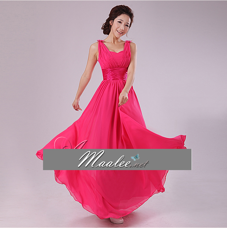 พร้อมส่ง ชุดราตรียาว สไตล์กรีก ผ้าชีฟอง สีชมพู Hot Pink คาดเอวผ้าซาติน เรียบหรู