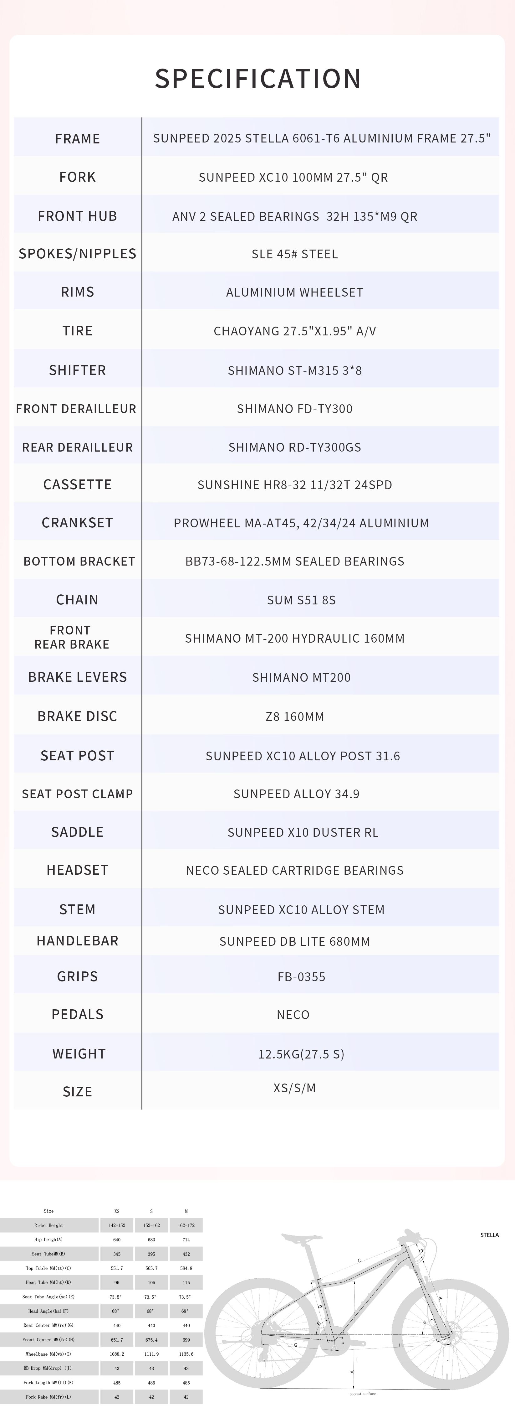 จักรยานเสือภูเขาผู้หญิง SUNPEED 2025 STELLA MTB 27.5" อลูมิเนียมเฟรม – พร้อมชุดเกียร์ Shimano 24 สปีด และเบรกไฮดรอลิก