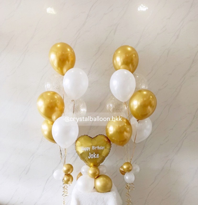 ลูกโป่ง วันเกิด ช่อลูกโป่ง ช่อ 7 ลูก 2 ช่อ พร้อม ฟอยล์หัวใจ ขนาด 18" 1 ชิ้น ตั้งฐาน Theme ทอง - ขาว พร้อมตกแต่ง สามารถเปลี่ยนสีลูกโป่ง/เปลี่ยนข้อความได้