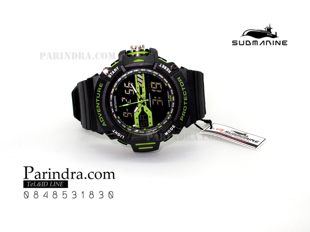 นาฬิกา US submarine รุ่น TP3164M สีดำตัดเขียว พื้นหลังดำ