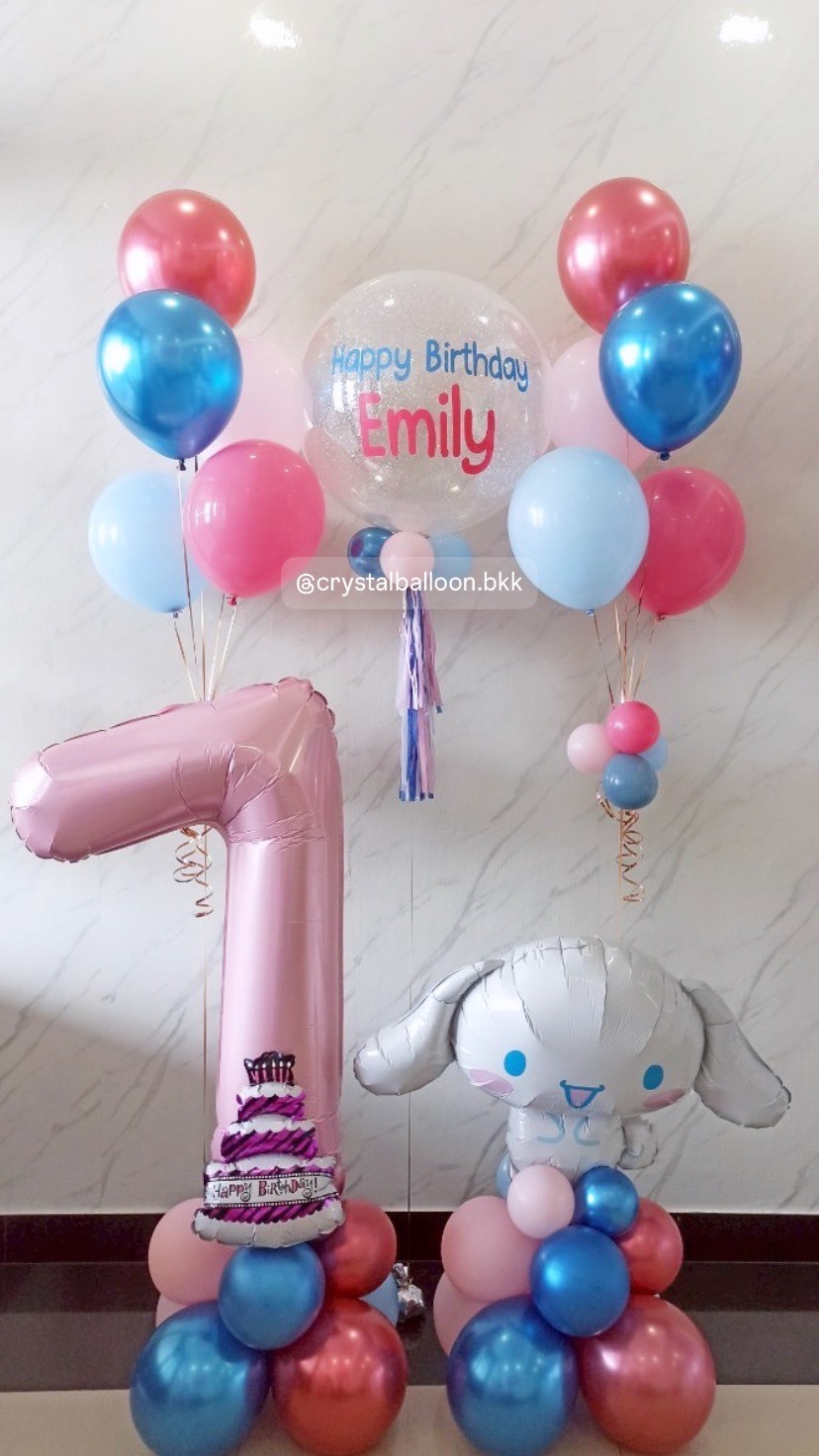 ลูกโป่งวันเกิดเด็ก Bubble ขนาด 24" กลิตเตอร์สีขาว พร้อมลูกโป่งช่อ 5 ลูก 2 ช่อ , ฟอยล์ตัวเลข ขนาด 40" ตั้งฐาน 1 ชิ้น , ฟอยล์Sanrio ตั้งฐาน 1 ชิ้น Theme ชมพู - ฟ้า พร้อมตกแต่ง สามารถเปลี่ยนสีลูกโป่ง/้เปลี่ยนข้อความ/เปลี่ยนขนาดลูกโป่งได้