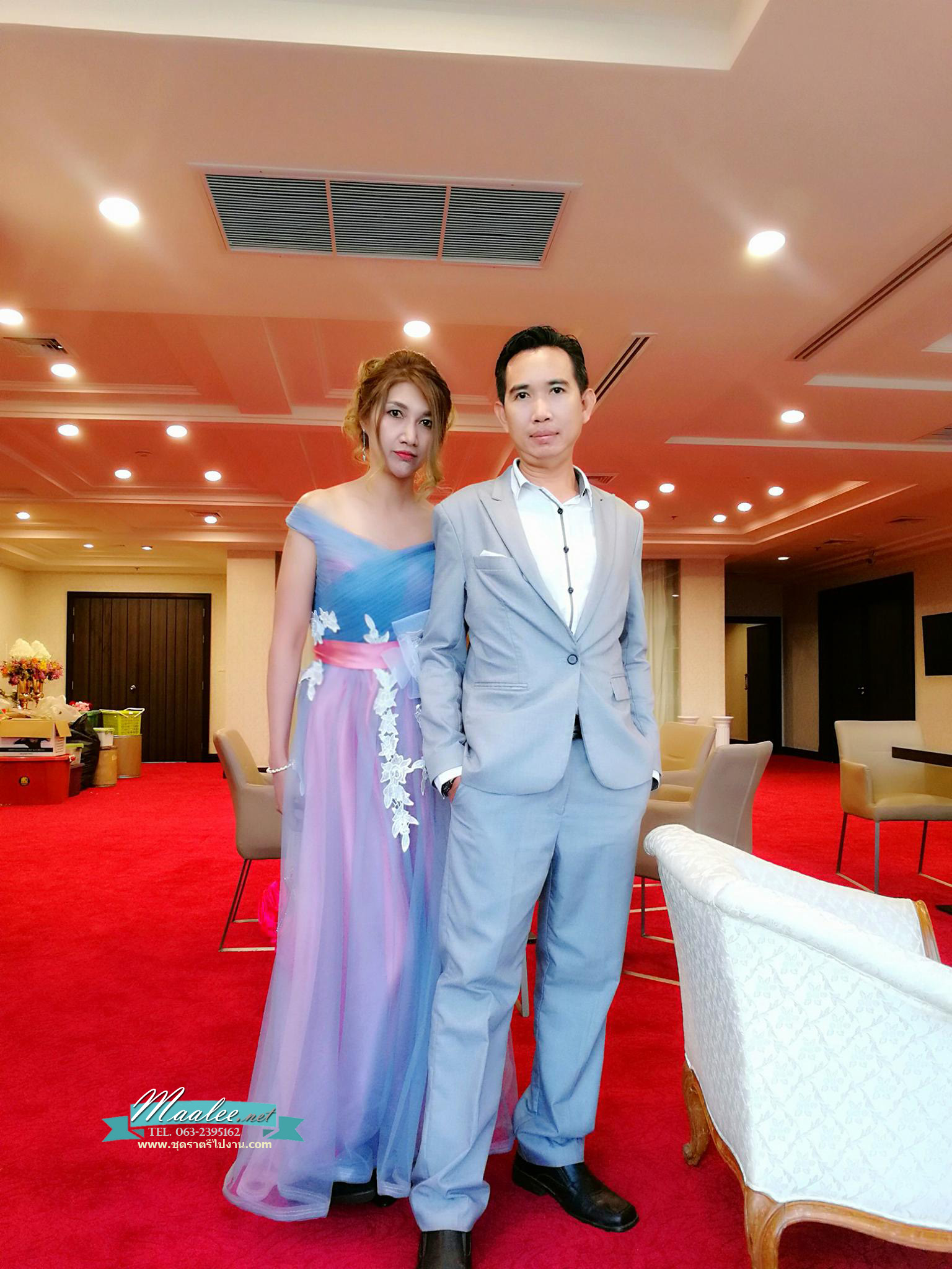 พร้อมเช่า ชุดราตรียาว แบบไหล่ปาด สีเทา-ชมพู Two Tone สไตล์เจ้าหญิง สวยหวานน่ารักมาก เนื้อผ้าตาข่าย แต่งโบว์และลูกไม้ช่วงเอว (เชือกผูกหลัง)