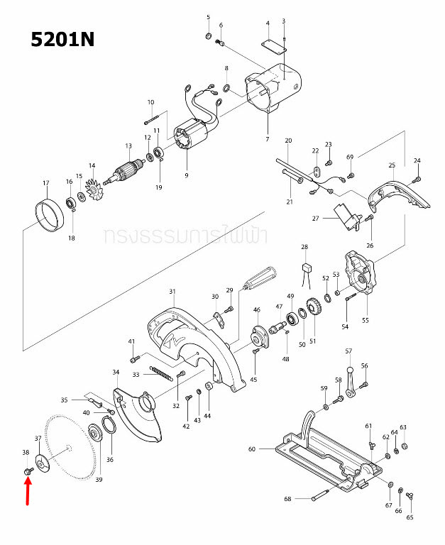 น๊อตยึดใบเลื่อย เลื่อยวงเดือน Makita มากีต้า 5201N [#38] Pn.265408-7 (แท้) ##