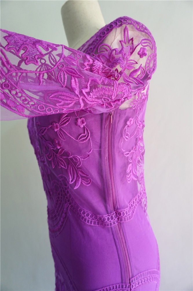 พร้อมส่ง ชุดราตรีสั้น/แขนยาว สี ม่วง ลูกไม้ทั้งชุด กระโปรงอัดพลีท (เหลือเฉพาะไซส์ 2XL)