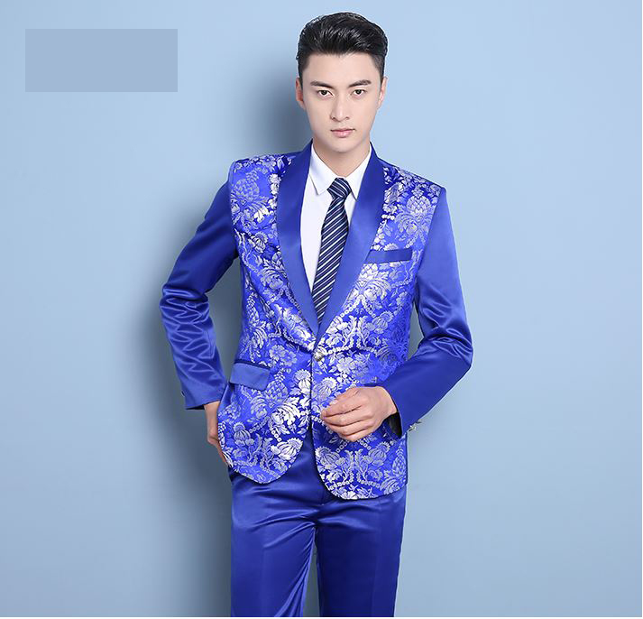Pre-order ชุดสูทจีนชาย สีน้ำเงินปกคอน้ำเงิน พิมพ์ลายกราฟฟิก