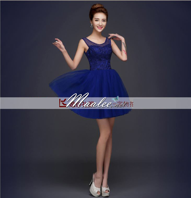 พร้อมส่ง ชุดราตรีสั้น เพื่อนเจ้าสาว แบบ B แขนกุด ลูกไม้แซมด้วยผ้าตาข่าย แต่งเม็ดคริสตัล (เชือกผูกหลัง)