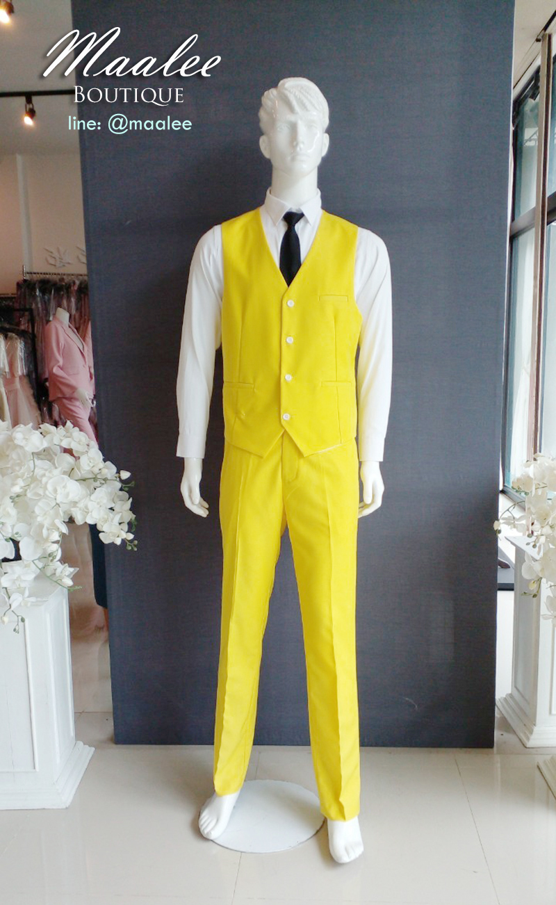พร้อมเช่า ชุดสูทชาย สีเหลือง Bright Yellow 3-piece Suit พร้อมเสื้อกั๊ก