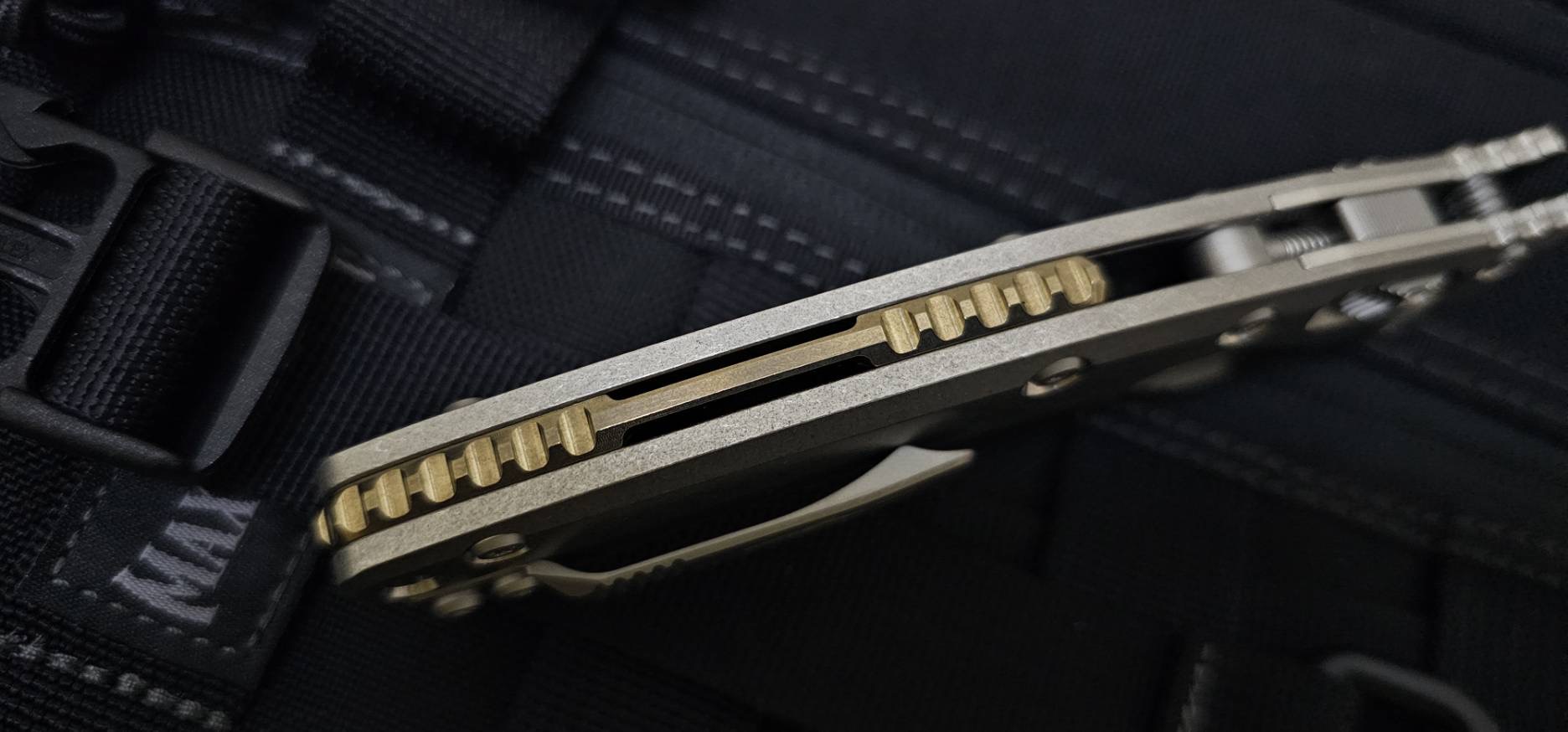 Microtech Amphibian Ram-Lok - Bronze Backspacer - Marfione Select - Stonewashed Titanium - Stonewash Blade