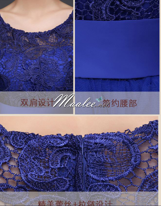 พร้อมเช่า ชุดราตรีสั้น เพื่อนเจ้าสาว แบบ A แขนสั้น ลูกไม้ ผ้าคาดเอวซาติน (ซิปหลัง)