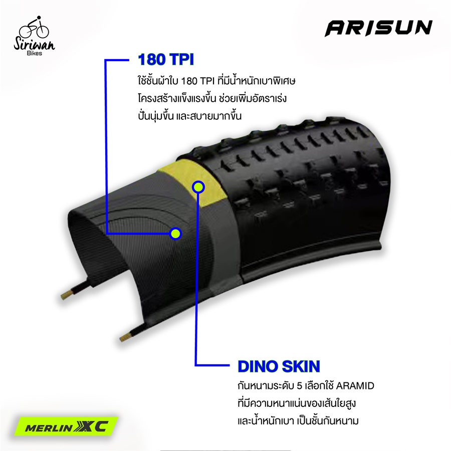 ยางนอกขอบพับ ARISUN MERLIN ll ขนาด 26X1.95 / 27.5X1.95 / 29X1.95 180TPI ยางเสือภูเขาที่ไปได้กับถนนราดยางทางเรียบ, ทางกรวด หรือ ทาง XC ง่ายๆ