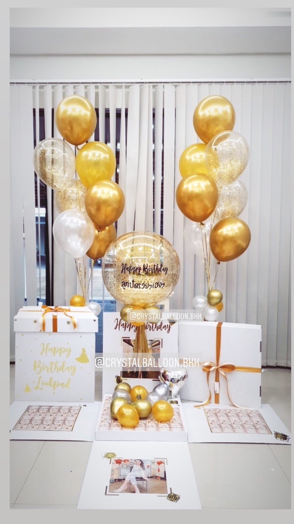 Surprise Box กล่องเงินสุดเซอร์ไพรส์ สำหรับ สายเปย์ Bubble ขนาด 24" Theme สีทอง พร้อมตกแต่ง ช่อลูกโป่ง 2 ช่อ,ลูกโป่งใส ใส่กลิตเตอร์,สามารถใส่รูปได้ 4 ใบ สามารถเปลี่ยนสีลูกโป่ง/เปลี่ยนข้อความได้