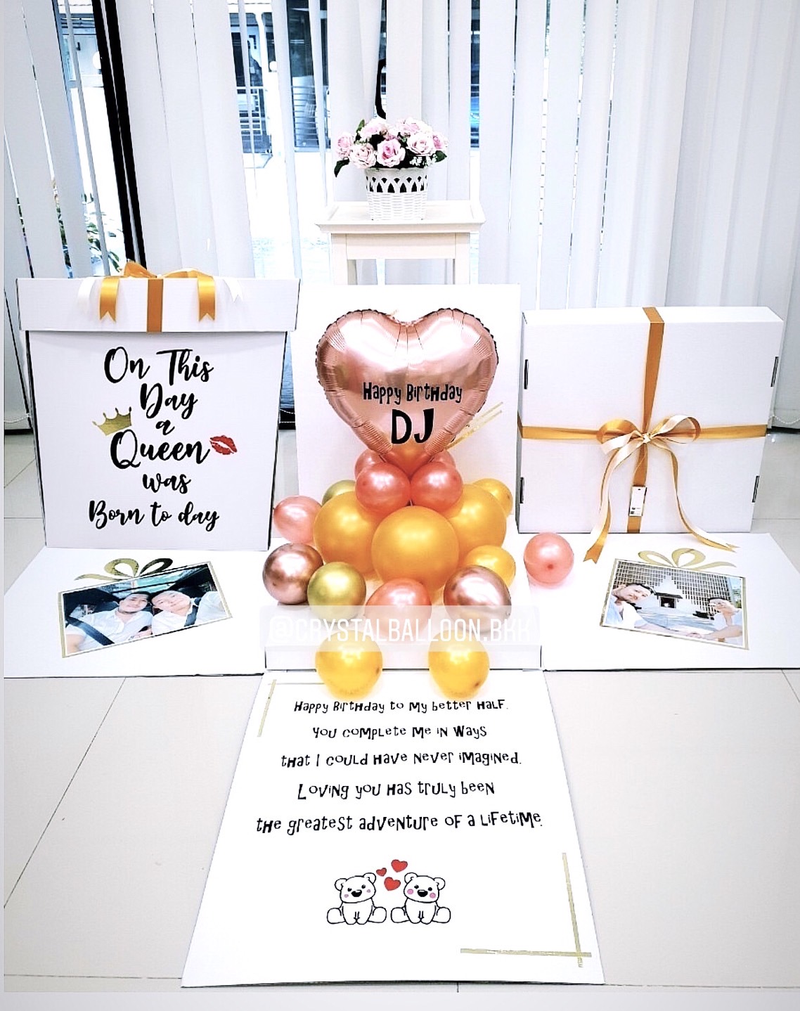 Happy Birthday Surprise Box กล่องเซอร์ไพรส์วันเกิด หัวใจ ตั้งฐาน ขนาด 18" 1 ชิ้น สีโรสโกล พร้อมตกแต่ง สามารถใส่รูปได้ 2 ใบ สามารถเปลี่ยนสีลูกโป่ง/เปลี่ยนสี-ฟอยล์ตกแต่ง/เปลี่ยนข้อความได้