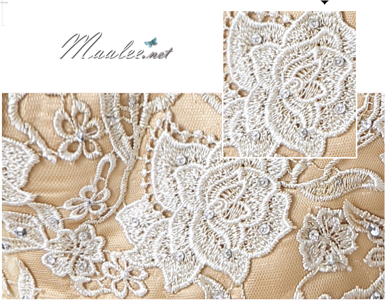 พร้อมเช่า ชุดราตรียาว สีทอง ปักลูกไม้ ด้านหลังเป็นแบบซีทรู กระโปรงผ้าซาติน