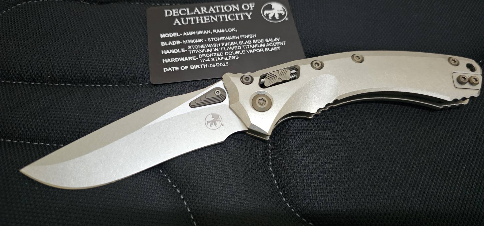 Microtech Marfione Select Amphibian RAM-LOK Manual Folding Knife 3.875" Bohler M390MK Stonewashed Clip Point Plain Blade and Slab Titanium Handles, Flamed Titanium Accents, AXIS/Crossbar Lock