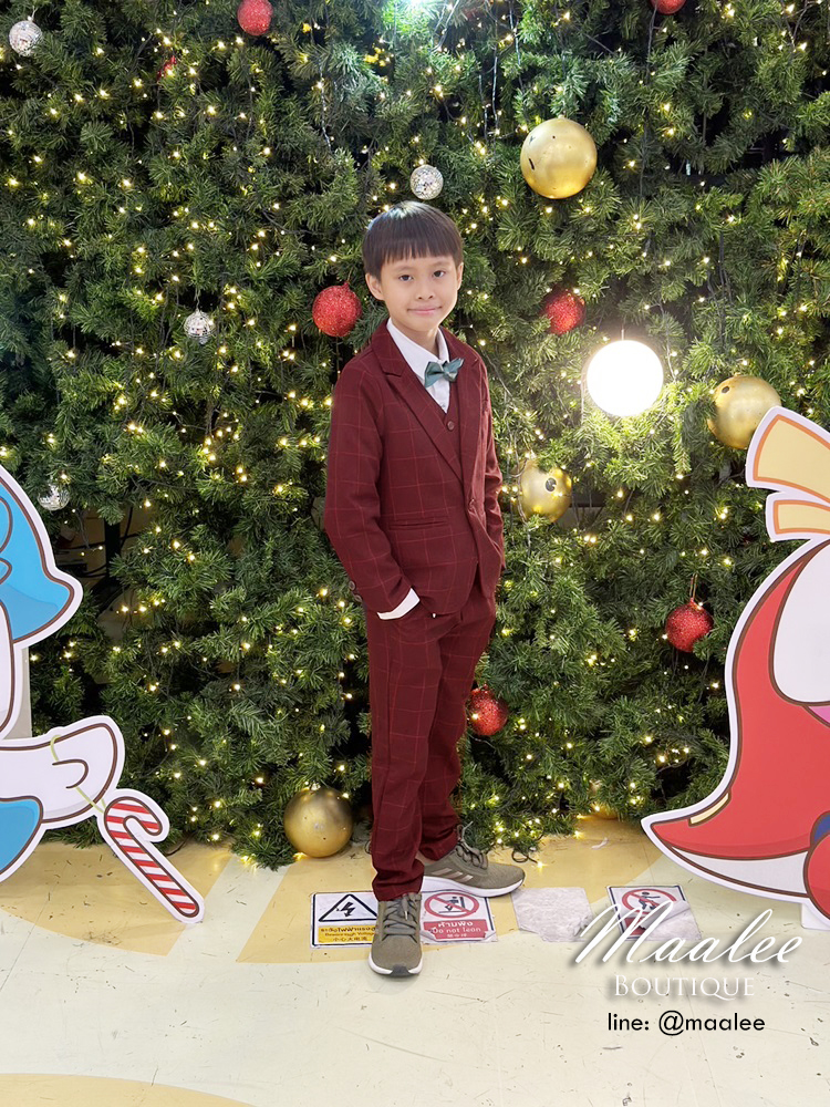 พร้อมเช่า ชุดสูทเด็กชาย สีแดงเบอกันดีลายตาราง **พร้อมเช่าไซส์ 110,120,130,140**