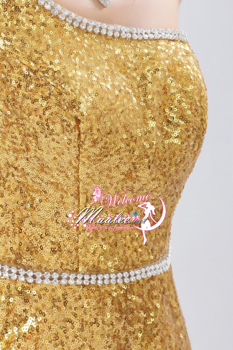 พร้อมเช่า ชุดราตรียาว ไหล่เฉียง สี Champagne ปักเลื่อมทั้งตัว แต่งคริสตัลช่วงคอ