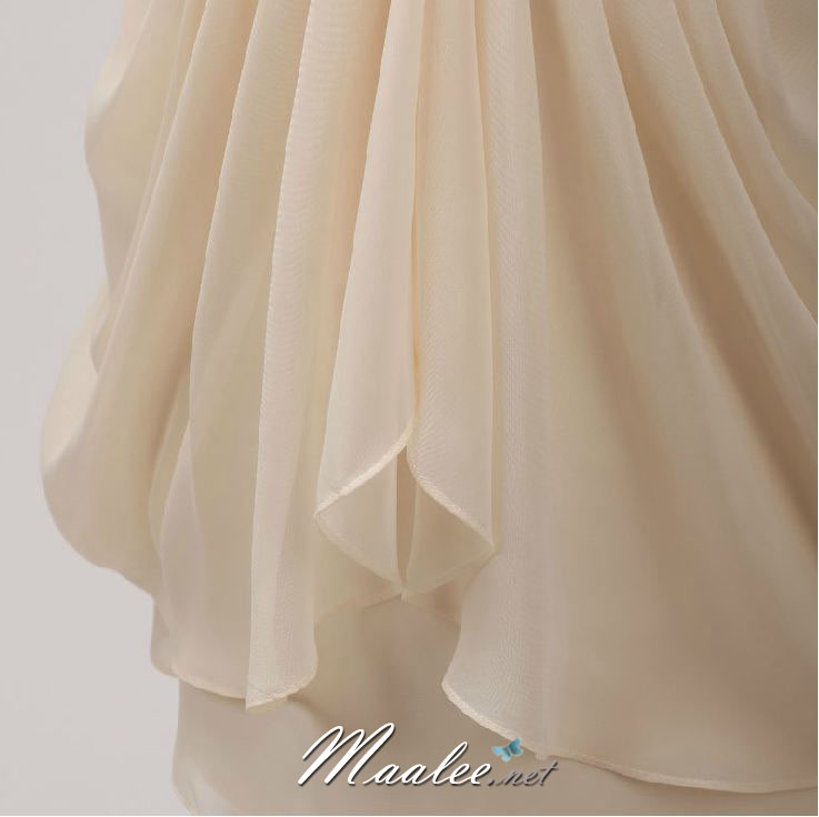 พร้อมส่ง ชุดราตรีสั้น เกาะอก สีครีม Champagne กระโปรงสองชั้น แต่งลูกไม้