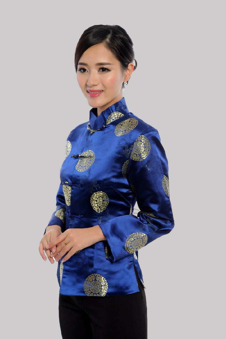 Pre-order เสื้อคอจีน ผู้หญิง ผ้าไหมจีน ทอลาย แขนยาว สีน้ำเงิน
