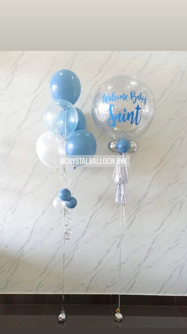 ลูกโป่ง Welcome Baby Bubble ขนาด 24" กลิตเตอร์สีเงิน 1 ลูก พร้อม ช่อลูกโป่ง ช่อ 5 ลูก 1 ช่อ Theme สี Dusk Blue พร้อมตกแต่ง สามารถเปลี่ยนสีลูกโป่ง/เปลี่ยนข้อความ/เปลี่ยนขนาดได้