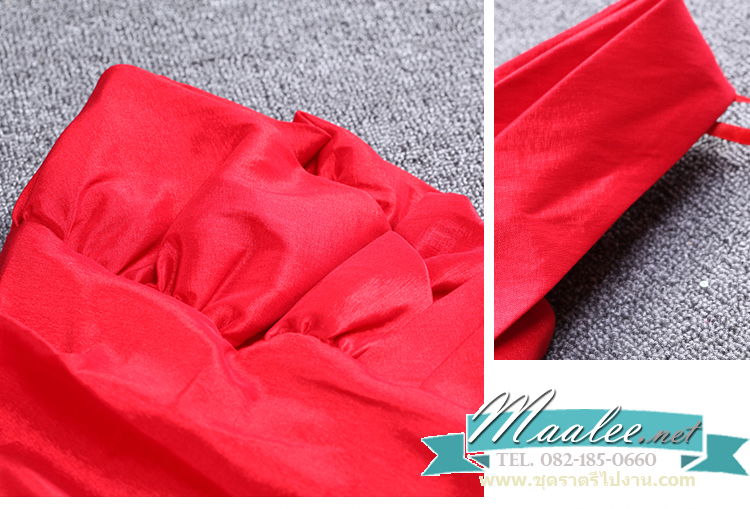 พร้อมเช่า ชุดราตรียาว เกาะอก ไหล่เดียว ทรงหางปลา ผ้าแพรยืดตามตัว แหวกหน้าขา สีแดง