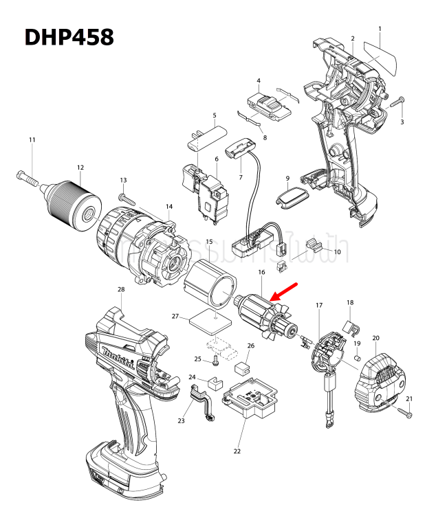 ทุ่น สว่านเจาะกระแทกไร้สาย Makita DDF458, DDF458RFT, DHP458 [#16] Pn.619496-0 (แท้) ##(*)