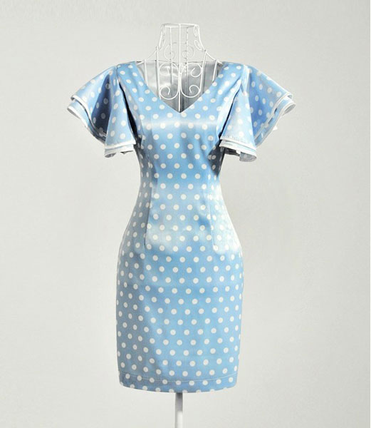 พร้อมส่ง ชุดเดรสสั้น แซก ลายจุด Polka dot สีฟ้า-ขาว แขนย้วย ผ้ามันนิดๆ