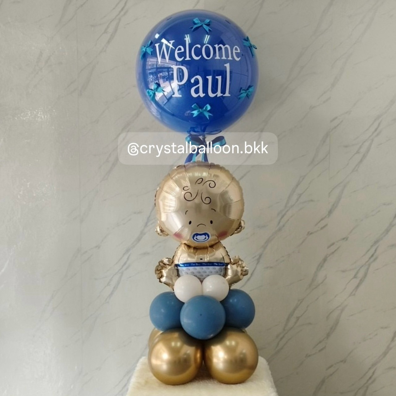 ลูกโป่ง Welcome Baby Boy ฟอยล์เด็ก ตั้งฐาน 1 ชิ้น ลูกโป่งยาง ขนาด 24" สีน้ำเงิน 1 ลูก พร้อม ประดับโบว์จิ๋ว 6 ชิ้น พร้อมตกแต่ง สามารถเปลี่ยนสีลูกโป่ง/เปลี่ยนฟอยล์ตกแต่งได้