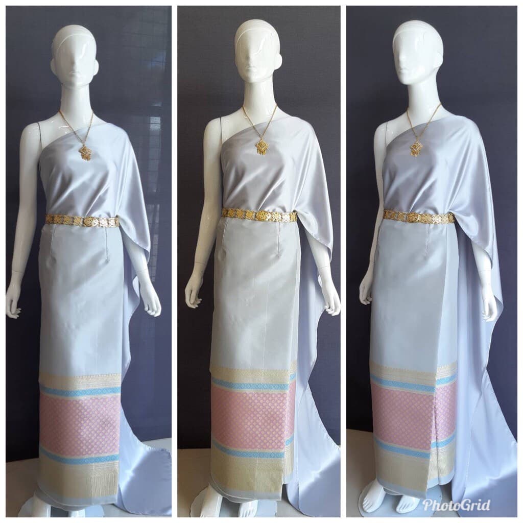 เช่า ชุดไทย ชุดเพื่อนเจ้าสาว ชุดไทยผ้าซิ่นสีเทาเงิน สไบเรียบสีเทา