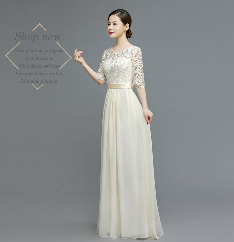 พร้อมส่ง ชุดราตรียาว สีครีม แขนสามส่วน ลูกไม้ฉลุ กระโปรงผ้าชีฟอง