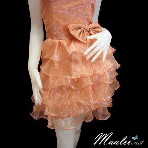 Sale ชุดราตรีสั้น เกาะอกผ้าแก้ว สีแดง แต่งโบว์ที่เอว ชายกระโปรงระบายบางใสน่ารัก