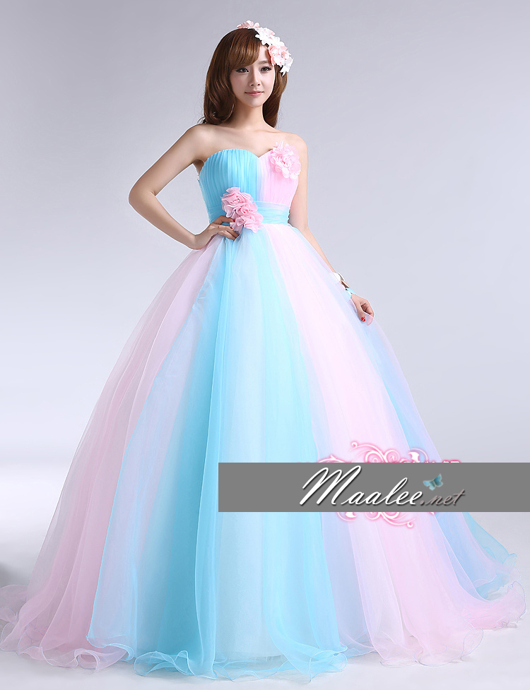 พร้อมเช่า ชุดแฟนซี ชุดราตรียาว เกาะอก สีฟ้า ชมพู สวยหวาน ผ้าโปร่งแต่งดอกไม้