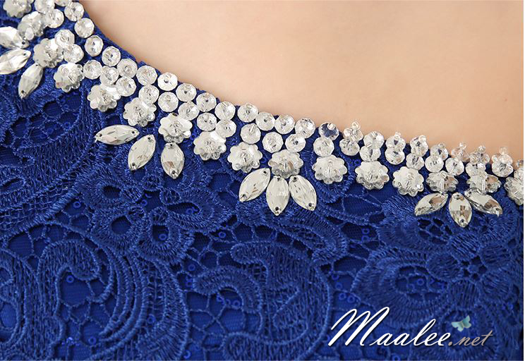 พร้อมส่ง ชุดราตรียาว เกาะอก ไหล่เดียว สีน้ำเงิน ลูกไม้ทั้งตัวเข้ารูป แต่งคริสตัล ด้านหลังเป็นซีทรู