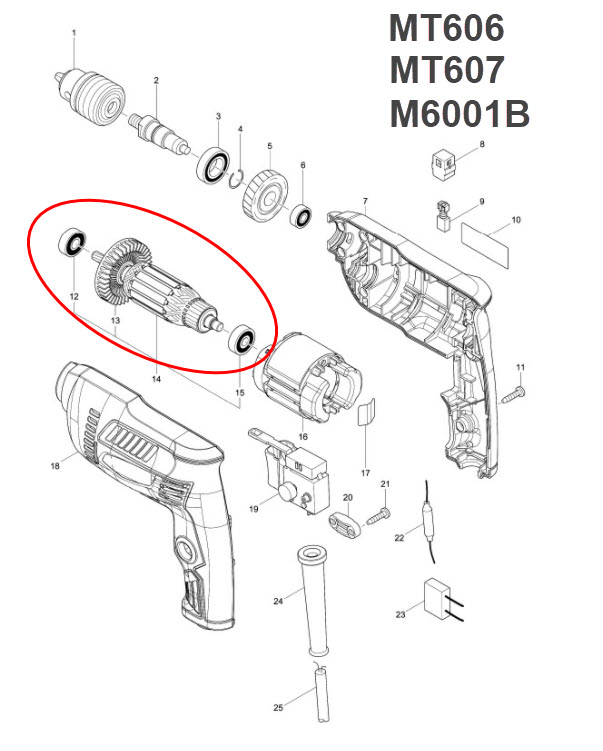 ทุ่น สว่าน Maktec มาคเทค, Makita มากีต้า MT606, MT607, M6001, M6001B, M6002, M6002B P/N.515848-2 (แท้) ##(*)