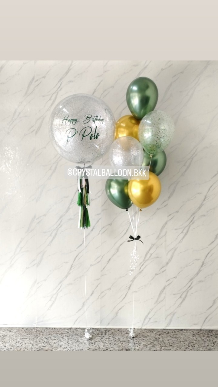 ลูกโป่ง วันเกิด Bubble ขนาด 24" กลิเตอร์สีเงิน 1 ลูก พร้อม ช่อลูกโป่งสีโครเมี่ยม ช่อ 7 ลูก 1 ช่อ พร้อมตกแต่ง สามารถเปลี่ยนสีลูกโป่ง/เปลี่ยนข้อความ/เปลี่ยนขนาดได้